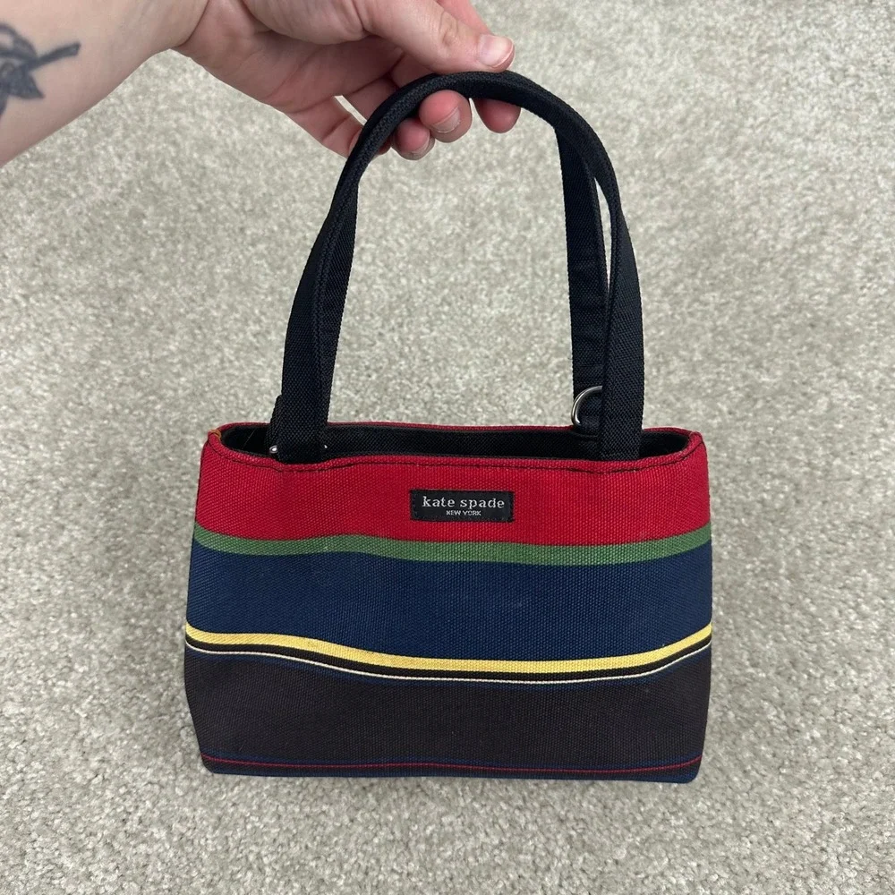 Kate Spade Vintage Canvas Striped Sam Mini Tote Crossbody Bag Multi Color Red